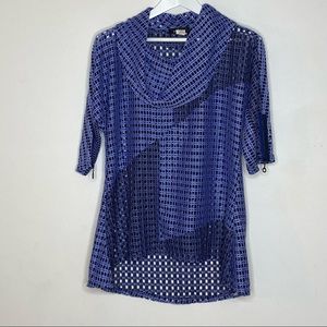 Yushi Blue Mesh Cowl Neck Tunic Open Knit Zip Sleeves Detail Lagenlook size S